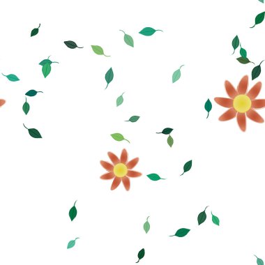 Basit renkli çiçekleri ve arka planda yeşil yaprakları olan güzel kompozisyon, vektör illüstrasyonu