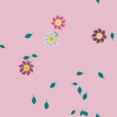 Basit renkli çiçekleri ve arka planda yeşil yaprakları olan güzel kompozisyon, vektör illüstrasyonu