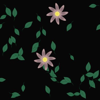 basit renkli çiçekleri olan serbest kompozisyon ve duvar kağıdı için yeşil yapraklar, vektör illüstrasyonu