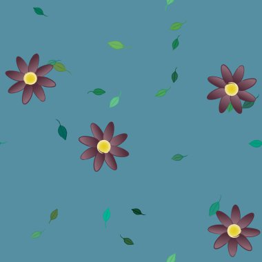 basit renkli çiçekleri olan serbest kompozisyon ve duvar kağıdı için yeşil yapraklar, vektör illüstrasyonu