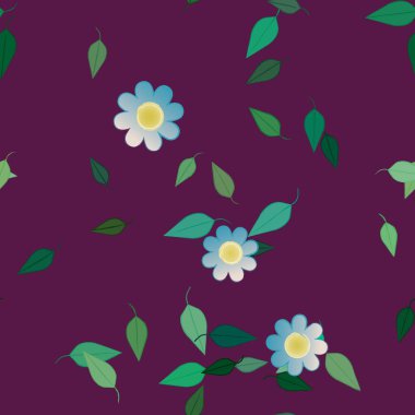 basit renkli çiçekleri olan serbest kompozisyon ve duvar kağıdı için yeşil yapraklar, vektör illüstrasyonu