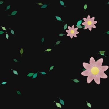 basit renkli çiçekleri olan serbest kompozisyon ve duvar kağıdı için yeşil yapraklar, vektör illüstrasyonu