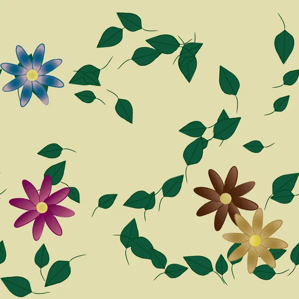 Composición Diseño Con Flores Simples Hojas Verdes Ilustración Vectorial — Archivo Imágenes Vectoriales