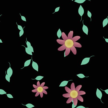 Basit renkli çiçekleri ve arka planda yeşil yaprakları olan güzel kompozisyon, vektör illüstrasyonu