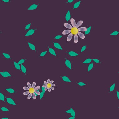 Serbest kompozisyonda yeşil yapraklı basit çiçekler, vektör illüstrasyonu