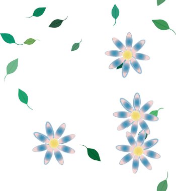 Basit renkli çiçekleri ve arka planda yeşil yaprakları olan güzel kompozisyon, vektör illüstrasyonu