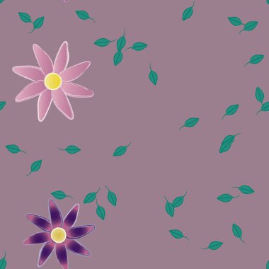 basit renkli çiçekleri olan serbest kompozisyon ve duvar kağıdı için yeşil yapraklar, vektör illüstrasyonu