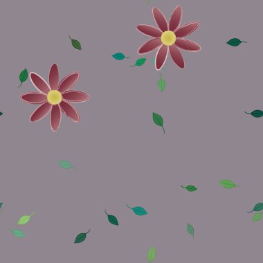 Serbest kompozisyonda yeşil yapraklı basit çiçekler, vektör illüstrasyonu