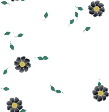 Serbest kompozisyonda yeşil yapraklı basit çiçekler, vektör illüstrasyonu