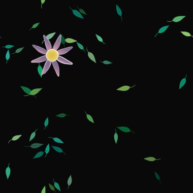 Basit renkli çiçekleri ve arka planda yeşil yaprakları olan güzel kompozisyon, vektör illüstrasyonu