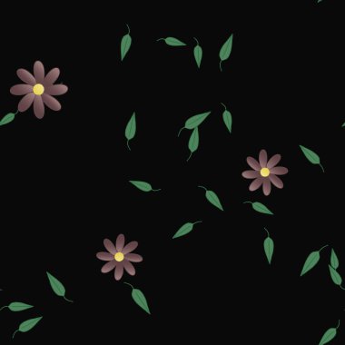 Basit renkli çiçekleri ve arka planda yeşil yaprakları olan güzel kompozisyon, vektör illüstrasyonu