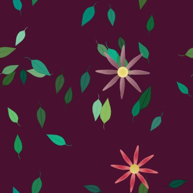 Basit çiçek ve yeşil yapraklı tasarım kompozisyonu, vektör illüstrasyonu