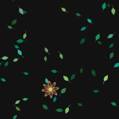 Serbest kompozisyonda yeşil yapraklı basit çiçekler, vektör illüstrasyonu