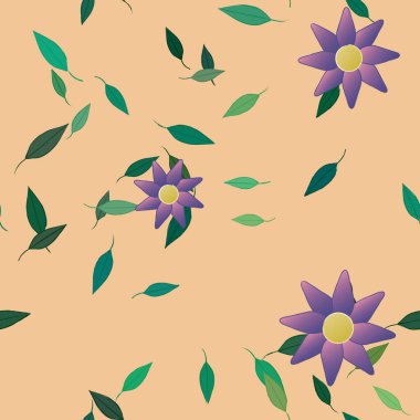 Serbest kompozisyonda yeşil yapraklı basit çiçekler, vektör illüstrasyonu