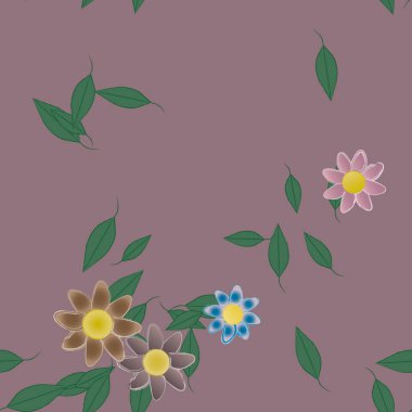 Basit çiçek ve yeşil yapraklı tasarım kompozisyonu, vektör illüstrasyonu
