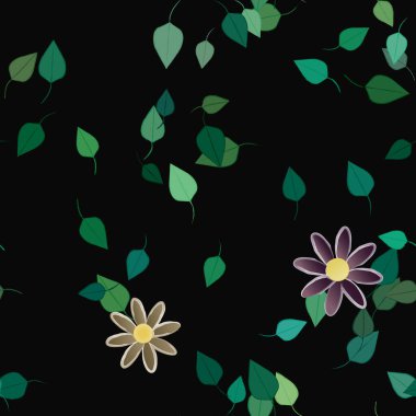 Basit renkli çiçekleri ve arka planda yeşil yaprakları olan güzel kompozisyon, vektör illüstrasyonu