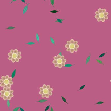 Serbest kompozisyonda yeşil yapraklı basit çiçekler, vektör illüstrasyonu