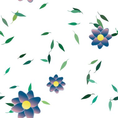 Serbest kompozisyonda yeşil yapraklı basit çiçekler, vektör illüstrasyonu