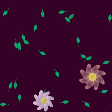 basit renkli çiçekleri olan serbest kompozisyon ve duvar kağıdı için yeşil yapraklar, vektör illüstrasyonu