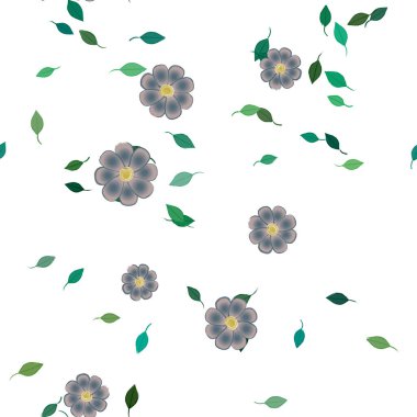 Serbest kompozisyonda yeşil yapraklı basit çiçekler, vektör illüstrasyonu