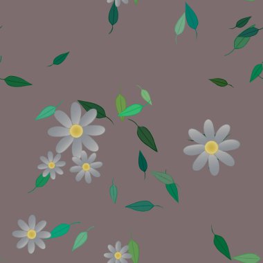 Basit renkli çiçekleri ve arka planda yeşil yaprakları olan güzel kompozisyon, vektör illüstrasyonu