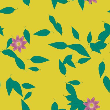 Serbest kompozisyonda yeşil yapraklı basit çiçekler, vektör illüstrasyonu