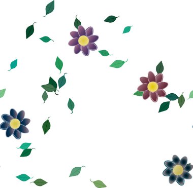 Basit renkli çiçekleri ve arka planda yeşil yaprakları olan güzel kompozisyon, vektör illüstrasyonu