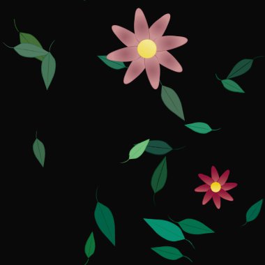 Basit renkli çiçekleri ve arka planda yeşil yaprakları olan güzel kompozisyon, vektör illüstrasyonu