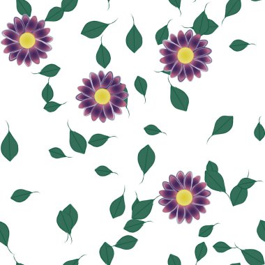 Serbest kompozisyonda yeşil yapraklı basit çiçekler, vektör illüstrasyonu