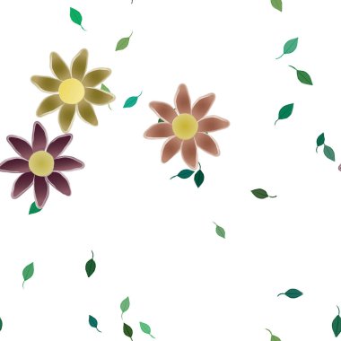 Serbest kompozisyonda yeşil yapraklı basit çiçekler, vektör illüstrasyonu