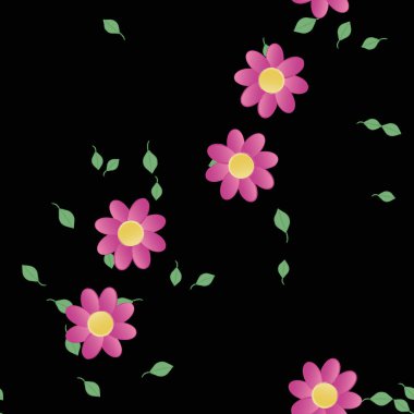 Serbest kompozisyonda yeşil yapraklı basit çiçekler, vektör illüstrasyonu