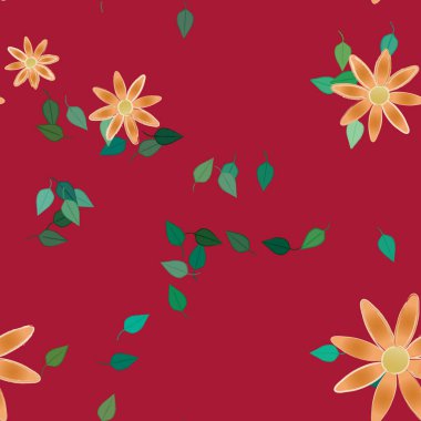 Basit renkli çiçekleri ve arka planda yeşil yaprakları olan güzel kompozisyon, vektör illüstrasyonu