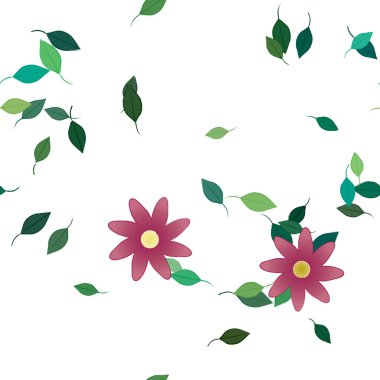 Serbest kompozisyonda yeşil yapraklı basit çiçekler, vektör illüstrasyonu