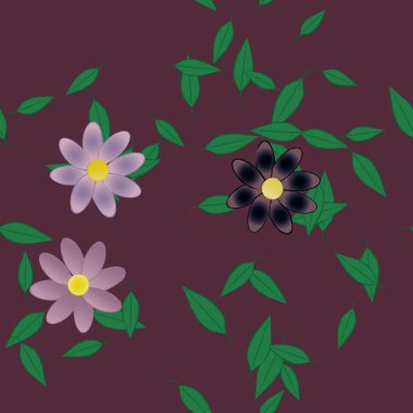 Basit renkli çiçekleri ve arka planda yeşil yaprakları olan güzel kompozisyon, vektör illüstrasyonu