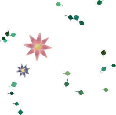 Serbest kompozisyonda yeşil yapraklı basit çiçekler, vektör illüstrasyonu