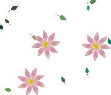 Serbest kompozisyonda yeşil yapraklı basit çiçekler, vektör illüstrasyonu