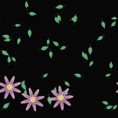 Basit renkli çiçekleri ve arka planda yeşil yaprakları olan güzel kompozisyon, vektör illüstrasyonu