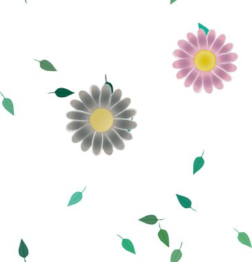 Basit renkli çiçekleri ve arka planda yeşil yaprakları olan güzel kompozisyon, vektör illüstrasyonu