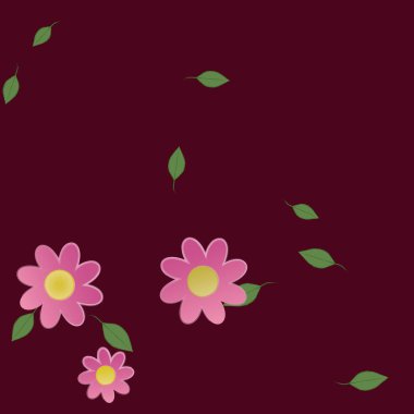 basit renkli çiçekleri olan serbest kompozisyon ve duvar kağıdı için yeşil yapraklar, vektör illüstrasyonu