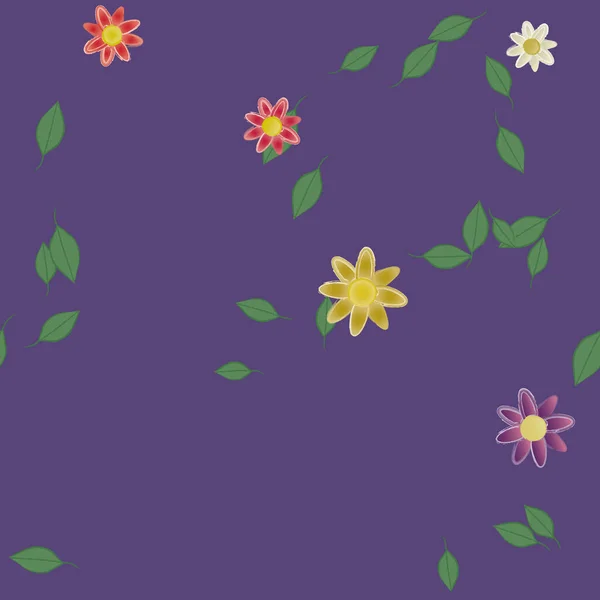 Composição Bonita Com Flores Coloridas Simples Folhas Verdes Fundo Ilustração — Vetor de Stock