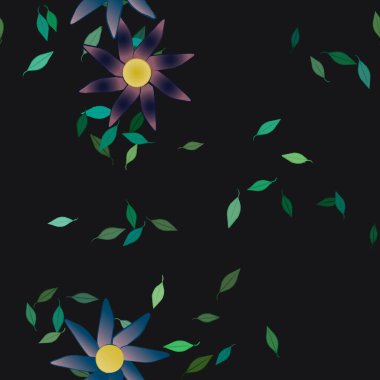 Serbest kompozisyonda yeşil yapraklı basit çiçekler, vektör illüstrasyonu