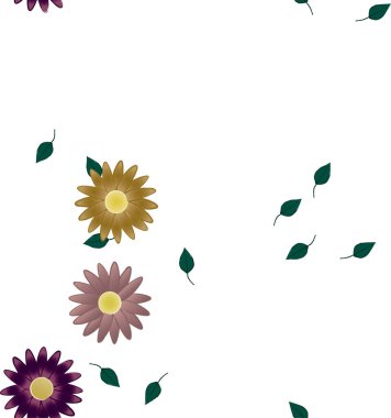 Serbest kompozisyonda yeşil yapraklı basit çiçekler, vektör illüstrasyonu