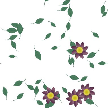 Serbest kompozisyonda yeşil yapraklı basit çiçekler, vektör illüstrasyonu