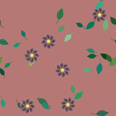 Basit renkli çiçekleri ve arka planda yeşil yaprakları olan güzel kompozisyon, vektör illüstrasyonu