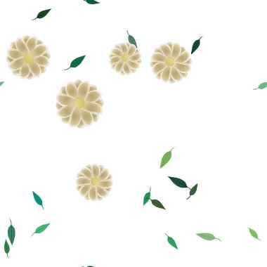 Basit renkli çiçekleri ve arka planda yeşil yaprakları olan güzel kompozisyon, vektör illüstrasyonu