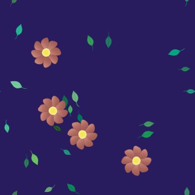 Serbest kompozisyonda yeşil yapraklı basit çiçekler, vektör illüstrasyonu