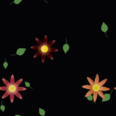 Basit renkli çiçekleri ve arka planda yeşil yaprakları olan güzel kompozisyon, vektör illüstrasyonu