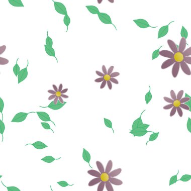 basit renkli çiçekleri olan serbest kompozisyon ve duvar kağıdı için yeşil yapraklar, vektör illüstrasyonu