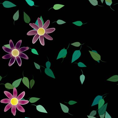 Basit renkli çiçekleri ve arka planda yeşil yaprakları olan güzel kompozisyon, vektör illüstrasyonu