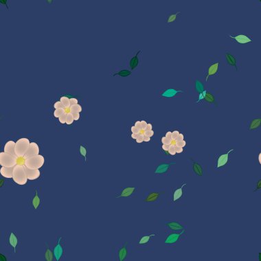 basit renkli çiçekleri olan serbest kompozisyon ve duvar kağıdı için yeşil yapraklar, vektör illüstrasyonu